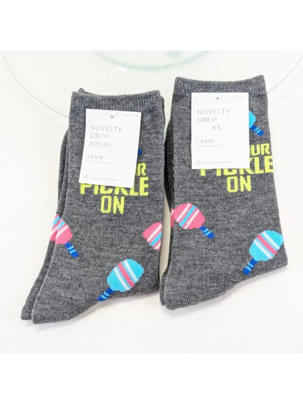 Get Your Pickle On Novelty Crew Socks Size 5-10 Gray Pickleball Design 2 Pair